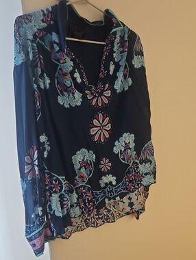 Johnny Was Navy Floral Henley Tunic with Aqua & Pink Motifs